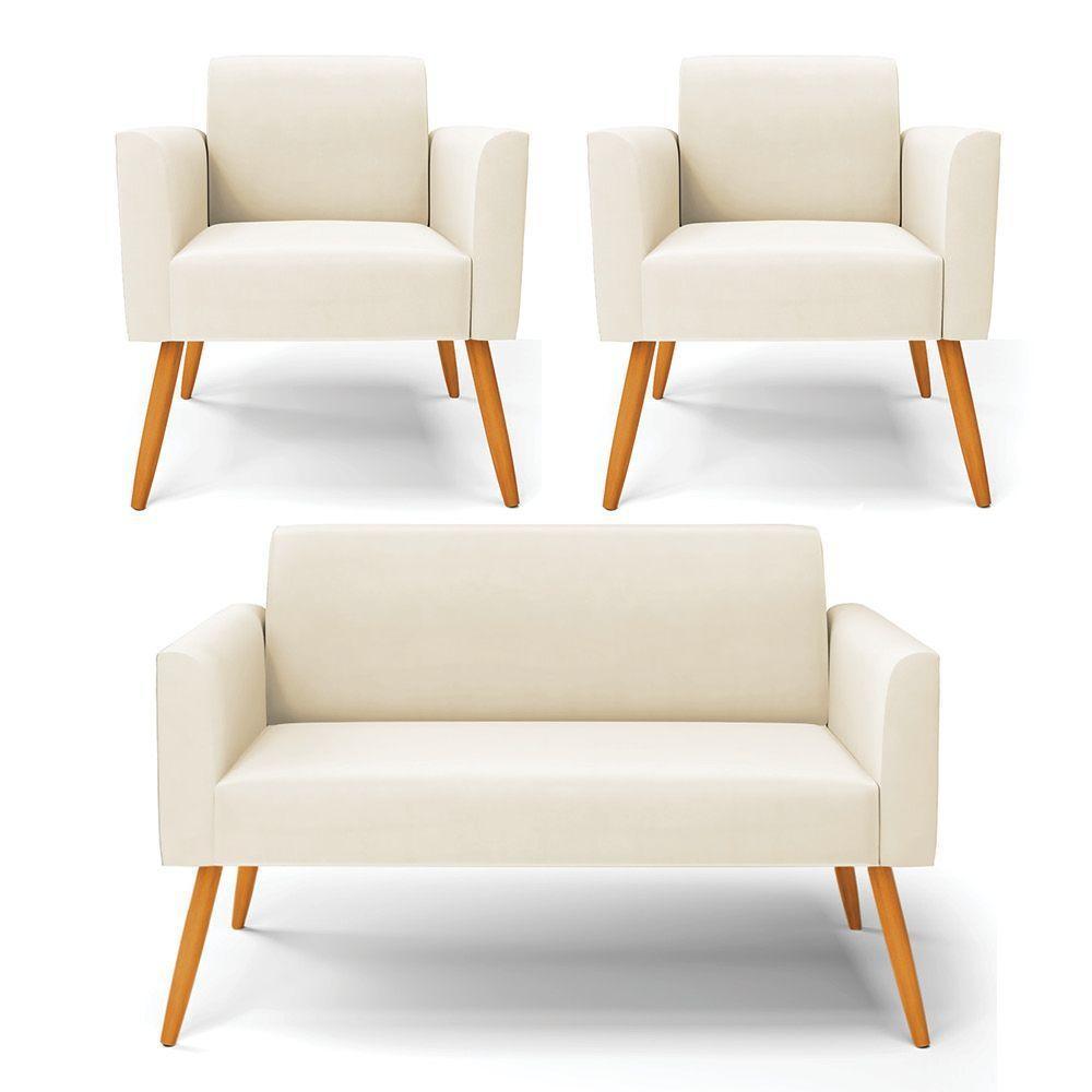 Sofá Namoradeira Com 2 Poltronas Pés Palito Castanho Marisa Veludo D03 - D\'rossi Cor Bege - 1