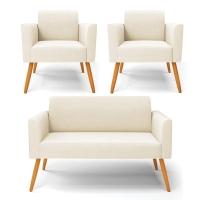Sofá Namoradeira Com 2 Poltronas Pés Palito Castanho Marisa Veludo D03 - D\'rossi Cor Bege - 1
