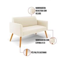 Sofá Namoradeira Com 2 Poltronas Pés Palito Castanho Marisa Veludo D03 - D\'rossi Cor Bege - 8