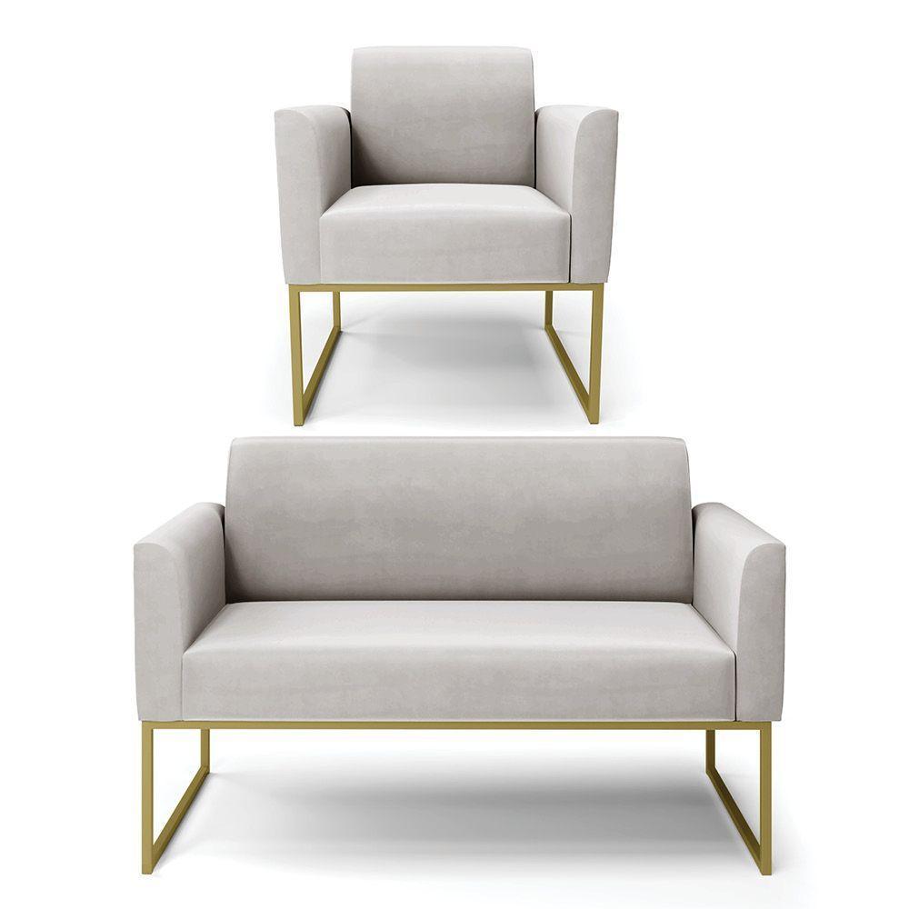 Sofá Namoradeira Com Poltrona Base Industrial Dourado Marisa Veludo D03 - D\'rossi Cor Cinza - 1