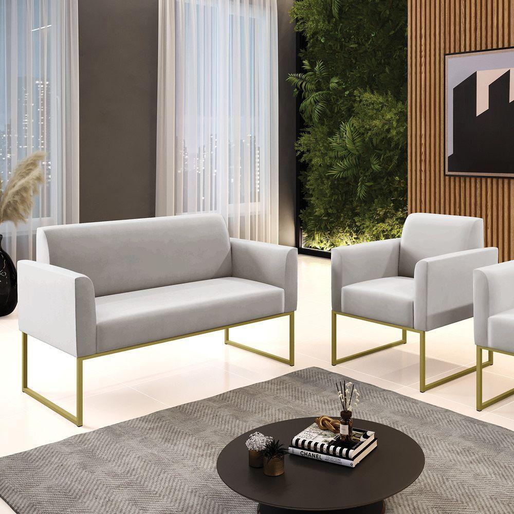Sofá Namoradeira Com Poltrona Base Industrial Dourado Marisa Veludo D03 - D\'rossi Cor Cinza - 3
