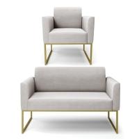 Sofá Namoradeira Com Poltrona Base Industrial Dourado Marisa Veludo D03 - D\'rossi Cor Cinza - 1