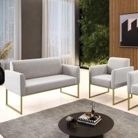 Sofá Namoradeira Com Poltrona Base Industrial Dourado Marisa Veludo D03 - D\'rossi Cor Cinza - 3