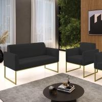 Sofá Namoradeira Com Poltrona Base Industrial Dourado Marisa Veludo D03 - D\'rossi Cor Preto - 3