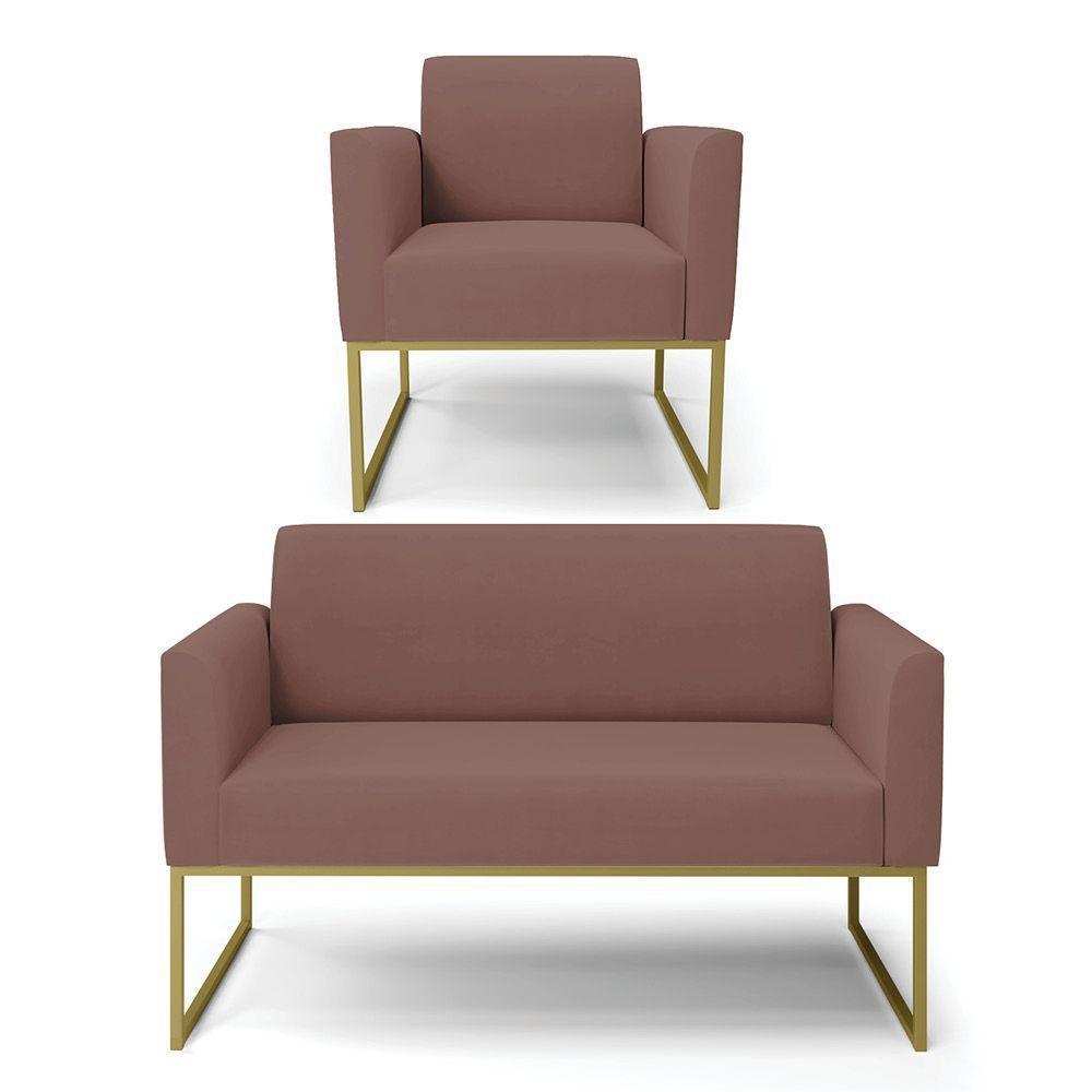 Sofá Namoradeira Com Poltrona Base Industrial Dourado Marisa Veludo D03 - D\'rossi Cor Rose - 1