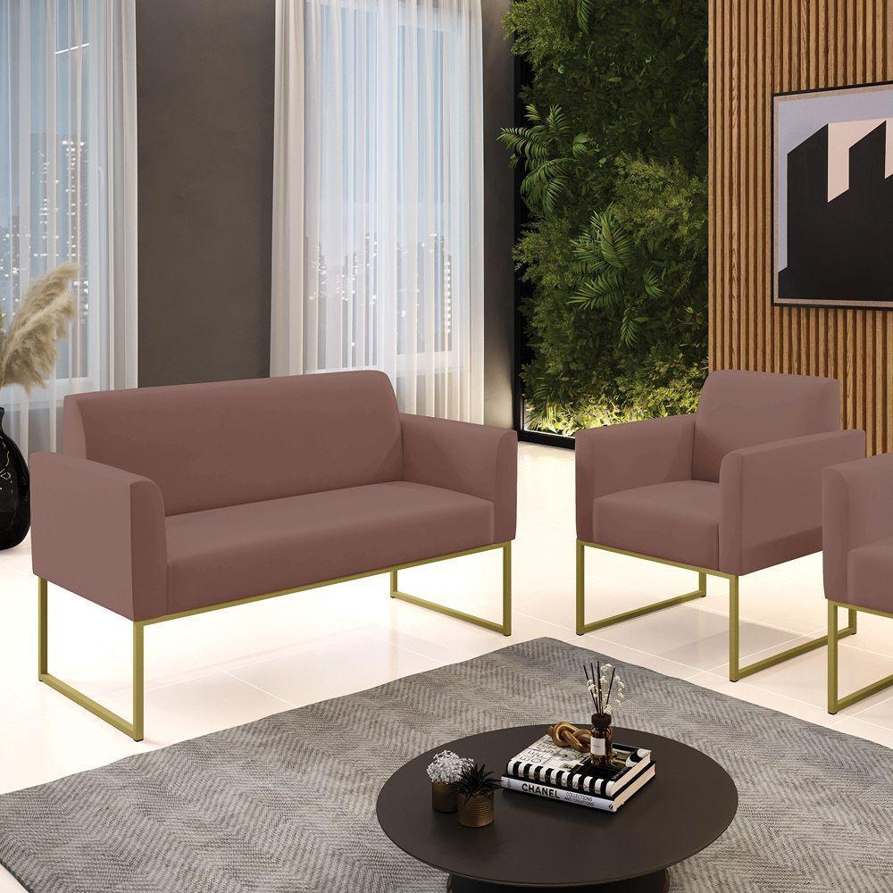 Sofá Namoradeira Com Poltrona Base Industrial Dourado Marisa Veludo D03 - D\'rossi Cor Rose - 2
