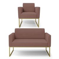 Sofá Namoradeira Com Poltrona Base Industrial Dourado Marisa Veludo D03 - D\'rossi Cor Rose - 1