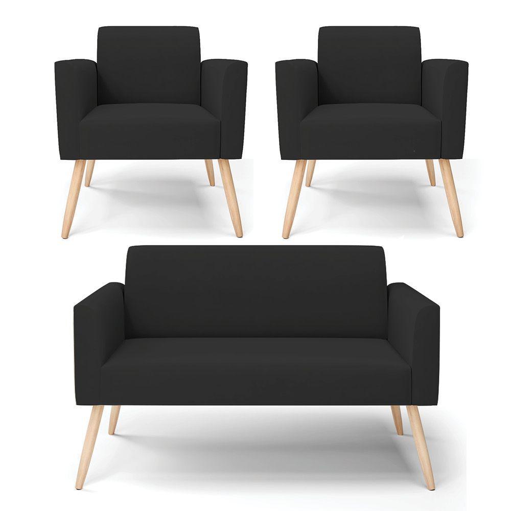 Sofá Namoradeira Com 2 Poltronas Pés Palito Natural Marisa Veludo D03 - D\'rossi Cor Preto - 1