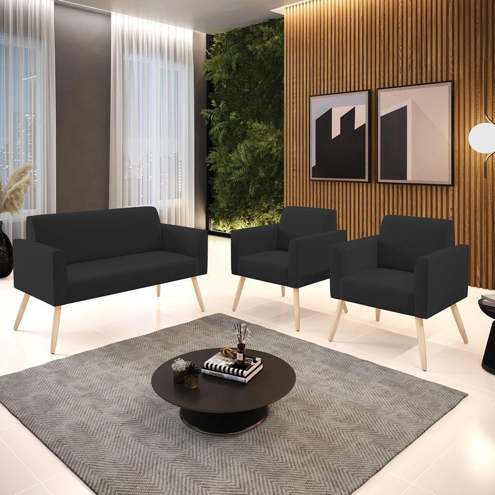 Sofá Namoradeira Com 2 Poltronas Pés Palito Natural Marisa Veludo D03 - D\'rossi Cor Preto - 6