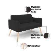 Sofá Namoradeira Com 2 Poltronas Pés Palito Natural Marisa Veludo D03 - D\'rossi Cor Preto - 7