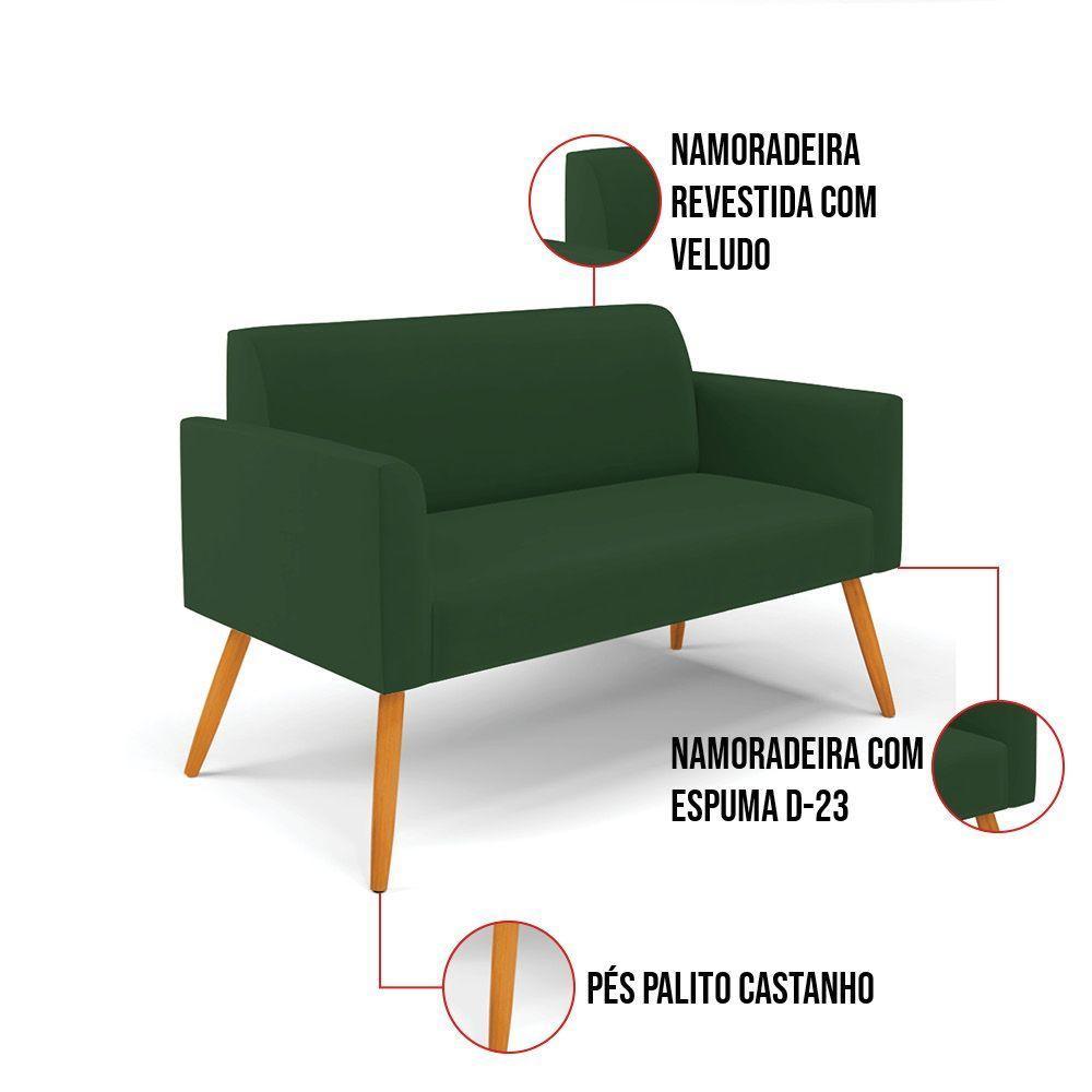 Sofá Namoradeira Com Poltrona Pés Palito Castanho Marisa Veludo D03 - D\'rossi Cor Verde - 3