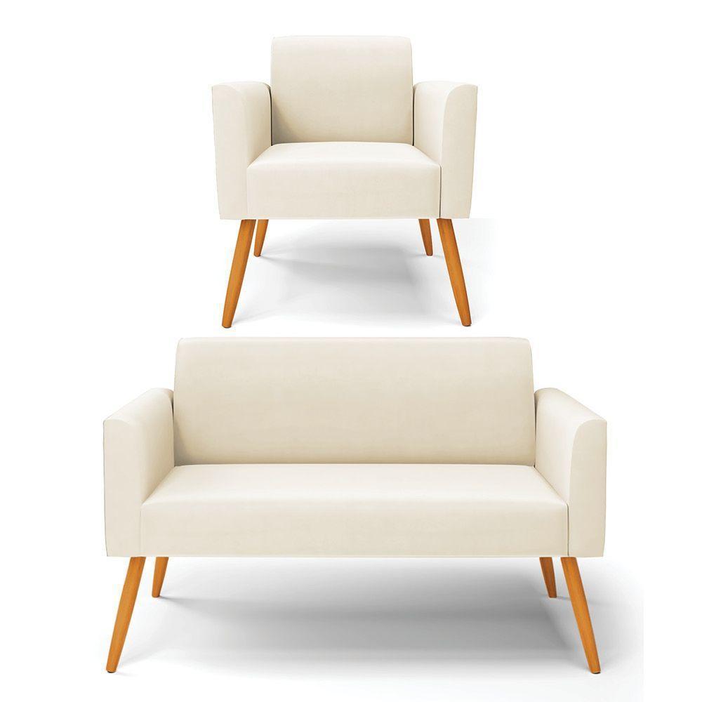 Sofá Namoradeira Com Poltrona Pés Palito Castanho Marisa Veludo D03 - D\'rossi Cor Bege - 1