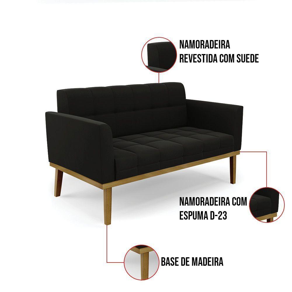Namoradeira Com 2 Poltronas Base De Madeira Castanho Elisa Suede D03 - D\'rossi Cor Preto - 4