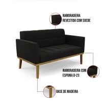 Namoradeira Com 2 Poltronas Base De Madeira Castanho Elisa Suede D03 - D\'rossi Cor Preto