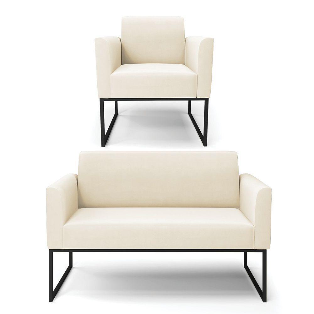 Sofá Namoradeira Com Poltrona Base Industrial Preto Marisa Veludo D03 - D\'rossi Cor Bege - 1