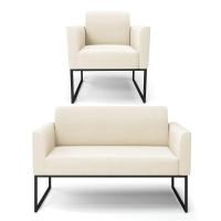 Sofá Namoradeira Com Poltrona Base Industrial Preto Marisa Veludo D03 - D\'rossi Cor Bege - 1