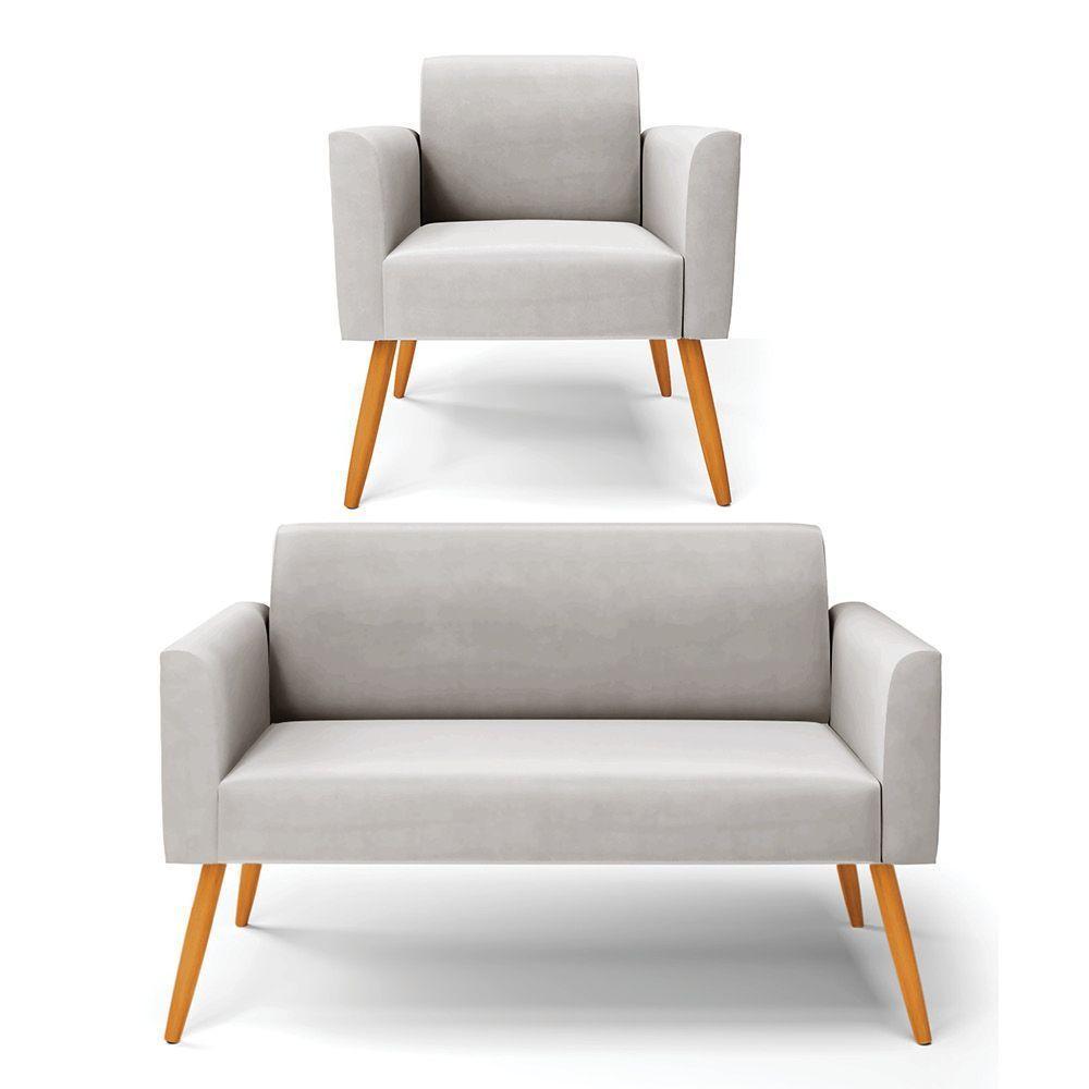 Sofá Namoradeira Com Poltrona Pés Palito Castanho Marisa Veludo D03 - D\'rossi Cor Cinza - 1