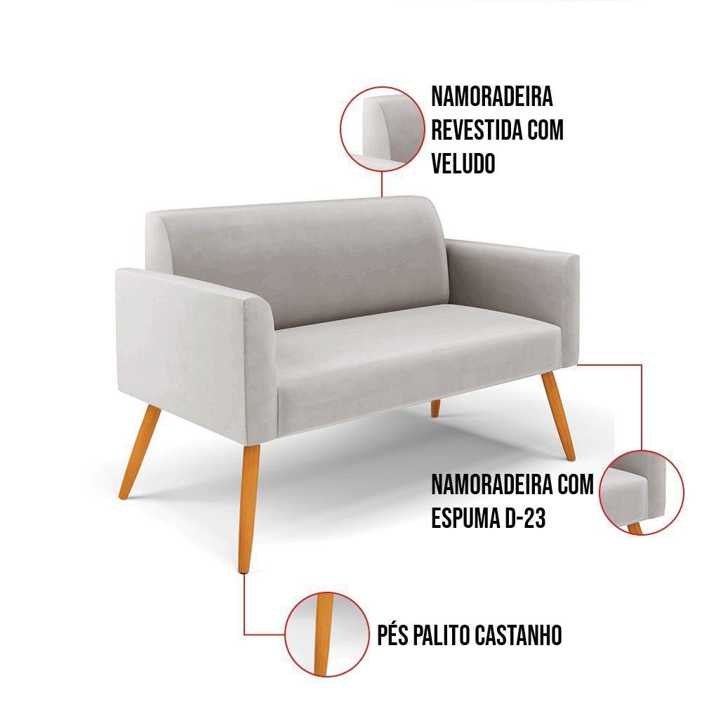 Sofá Namoradeira Com Poltrona Pés Palito Castanho Marisa Veludo D03 - D\'rossi Cor Cinza - 8