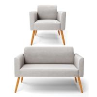 Sofá Namoradeira Com Poltrona Pés Palito Castanho Marisa Veludo D03 - D\'rossi Cor Cinza - 1