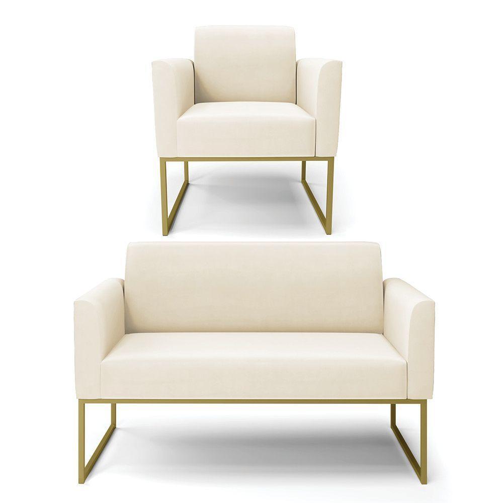 Sofá Namoradeira Com Poltrona Base Industrial Dourado Marisa Veludo D03 - D\'rossi Cor Bege - 1