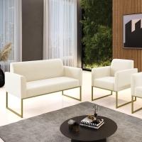 Sofá Namoradeira Com Poltrona Base Industrial Dourado Marisa Veludo D03 - D\'rossi Cor Bege - 2