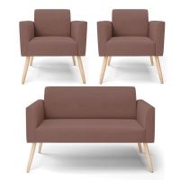Sofá Namoradeira Com 2 Poltronas Pés Palito Natural Marisa Veludo D03 - D\'rossi Cor Rose - 1