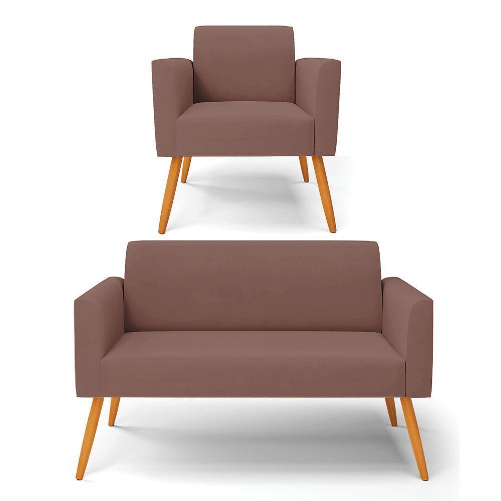 Sofá Namoradeira Com Poltrona Pés Palito Castanho Marisa Veludo D03 - D\'rossi Cor Rose - 1