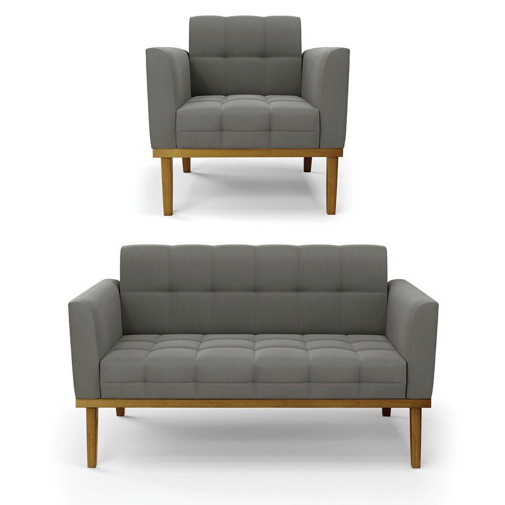 Namoradeira Com Poltrona Base De Madeira Castanho Elisa Suede D03 - D\'rossi Cor Grafite - 1