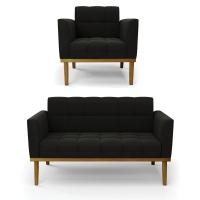 Namoradeira Com Poltrona Base De Madeira Castanho Elisa Suede D03 - D\'rossi Cor Preto - 1