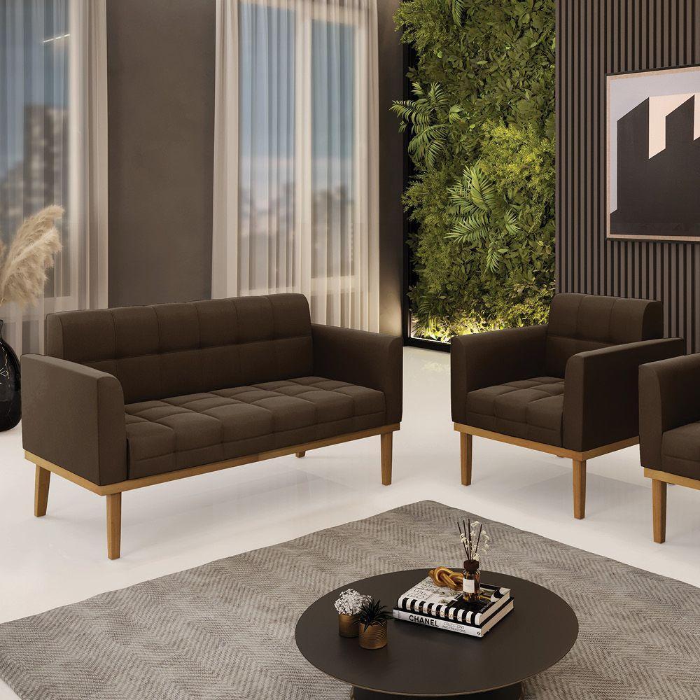 Namoradeira Com Poltrona Base De Madeira Castanho Elisa Suede D03 - D\'rossi Cor Marrom - 2