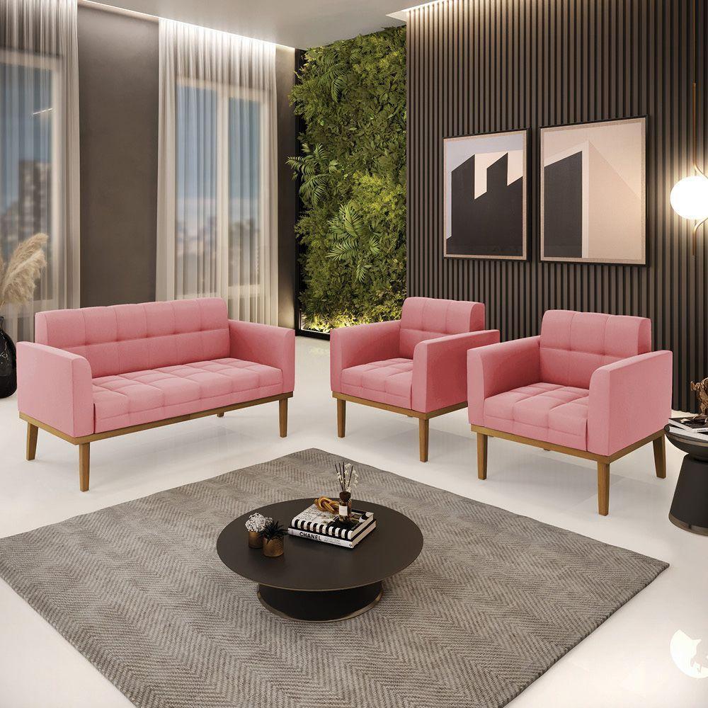 Namoradeira Com 2 Poltronas Base De Madeira Castanho Elisa Suede D03 - D\'rossi Cor Rose - 2