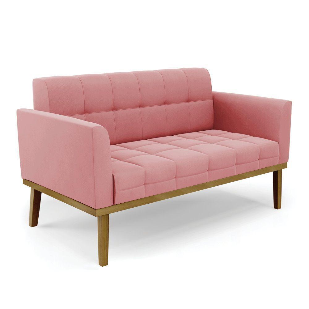 Namoradeira Com 2 Poltronas Base De Madeira Castanho Elisa Suede D03 - D\'rossi Cor Rose - 8