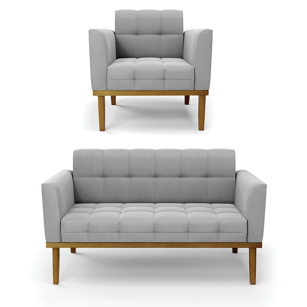 Namoradeira Com Poltrona Base De Madeira Castanho Elisa Suede D03 - D\'rossi Cor Cinza - 1