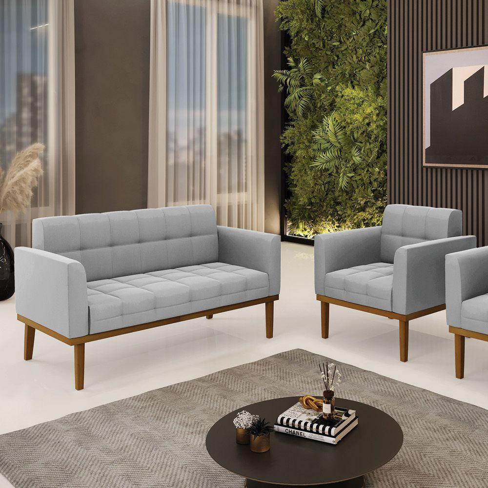 Namoradeira Com Poltrona Base De Madeira Castanho Elisa Suede D03 - D\'rossi Cor Cinza - 3