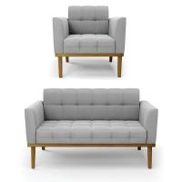 Namoradeira Com Poltrona Base De Madeira Castanho Elisa Suede D03 - D\'rossi Cor Cinza - 1