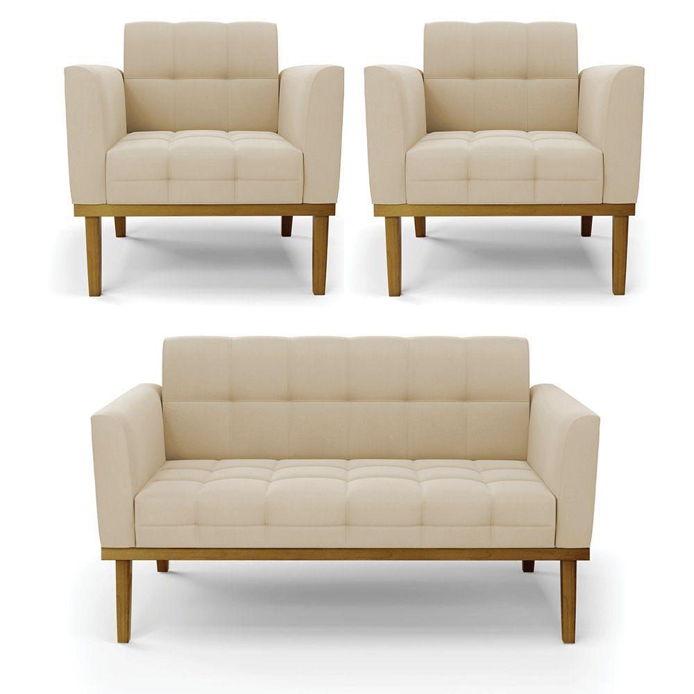 Namoradeira Com 2 Poltronas Base De Madeira Castanho Elisa Suede D03 - D\'rossi Cor Bege - 1