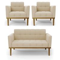 Namoradeira Com 2 Poltronas Base De Madeira Castanho Elisa Suede D03 - D\'rossi Cor Bege - 1