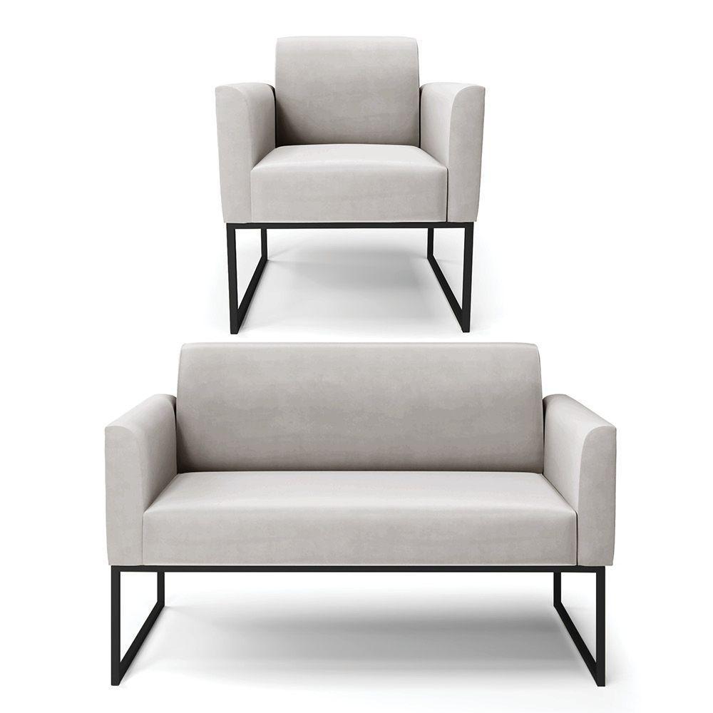 Sofá Namoradeira Com Poltrona Base Industrial Preto Marisa Veludo D03 - D\'rossi Cor Cinza - 1