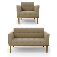 Namoradeira Com Poltrona Base De Madeira Castanho Elisa Suede D03 - D\'rossi Cor Marrom Rato - 1