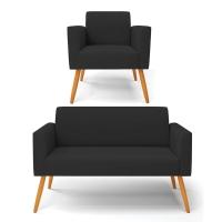 Sofá Namoradeira Com Poltrona Pés Palito Castanho Marisa Veludo D03 - D\'rossi Cor Preto - 1