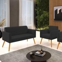 Sofá Namoradeira Com Poltrona Pés Palito Castanho Marisa Veludo D03 - D\'rossi Cor Preto - 5