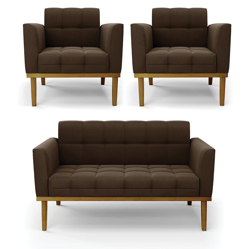 Namoradeira Com 2 Poltronas Base De Madeira Castanho Elisa Suede D03 - D\'rossi Cor Marrom - 1