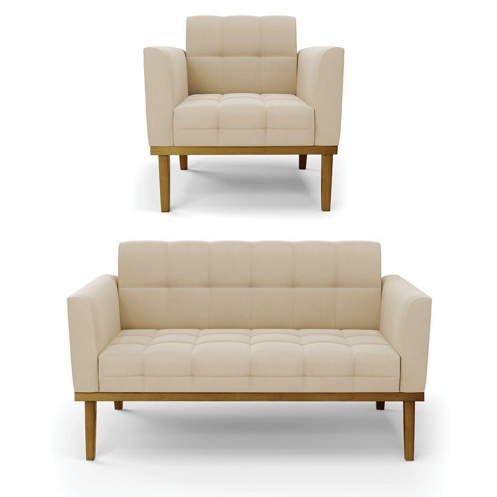 Namoradeira Com Poltrona Base De Madeira Castanho Elisa Suede D03 - D\'rossi Cor Bege - 1