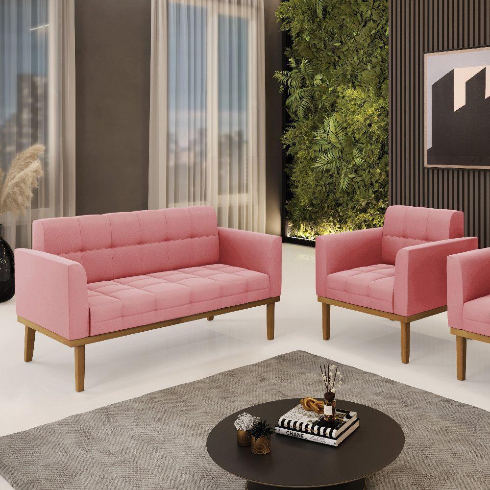 Namoradeira Com Poltrona Base De Madeira Castanho Elisa Suede D03 - D\'rossi Cor Rose - 7