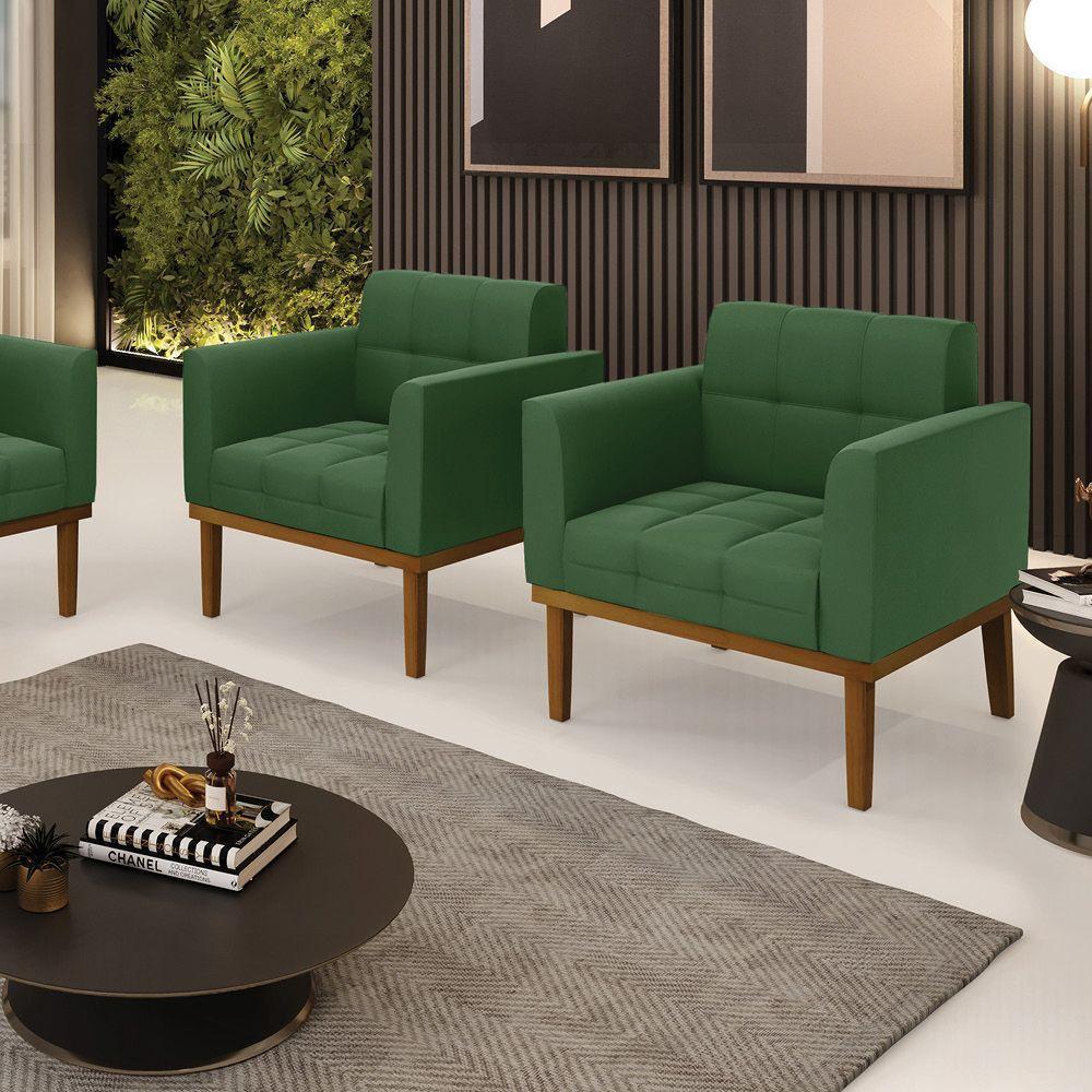 Poltrona Base De Madeira Fixa Castanho Kit 2 Elisa Suede D03 - D\'rossi Cor Verde - 4