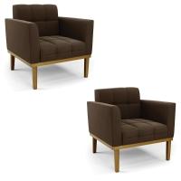 Poltrona Base De Madeira Fixa Castanho Kit 2 Elisa Suede D03 - D\'rossi Cor Marrom - 1