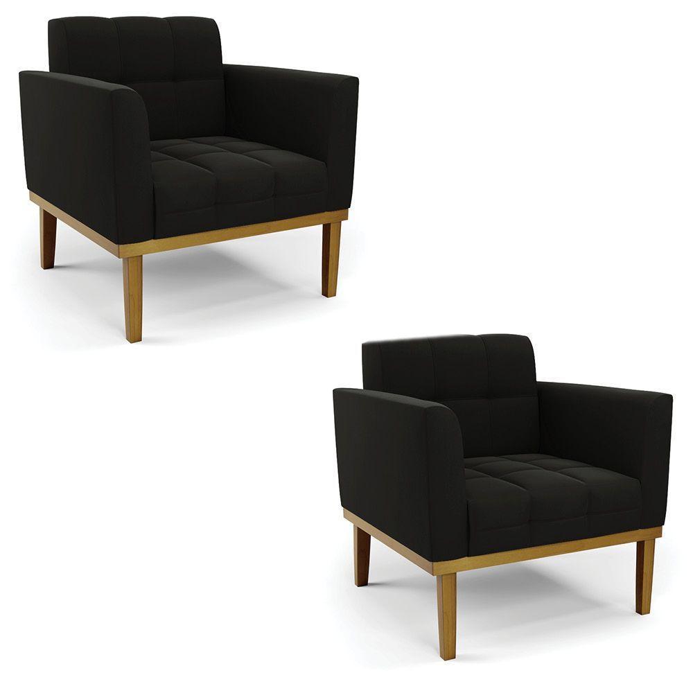 Poltrona Base De Madeira Fixa Castanho Kit 2 Elisa Suede D03 - D\'rossi Cor Preto - 1