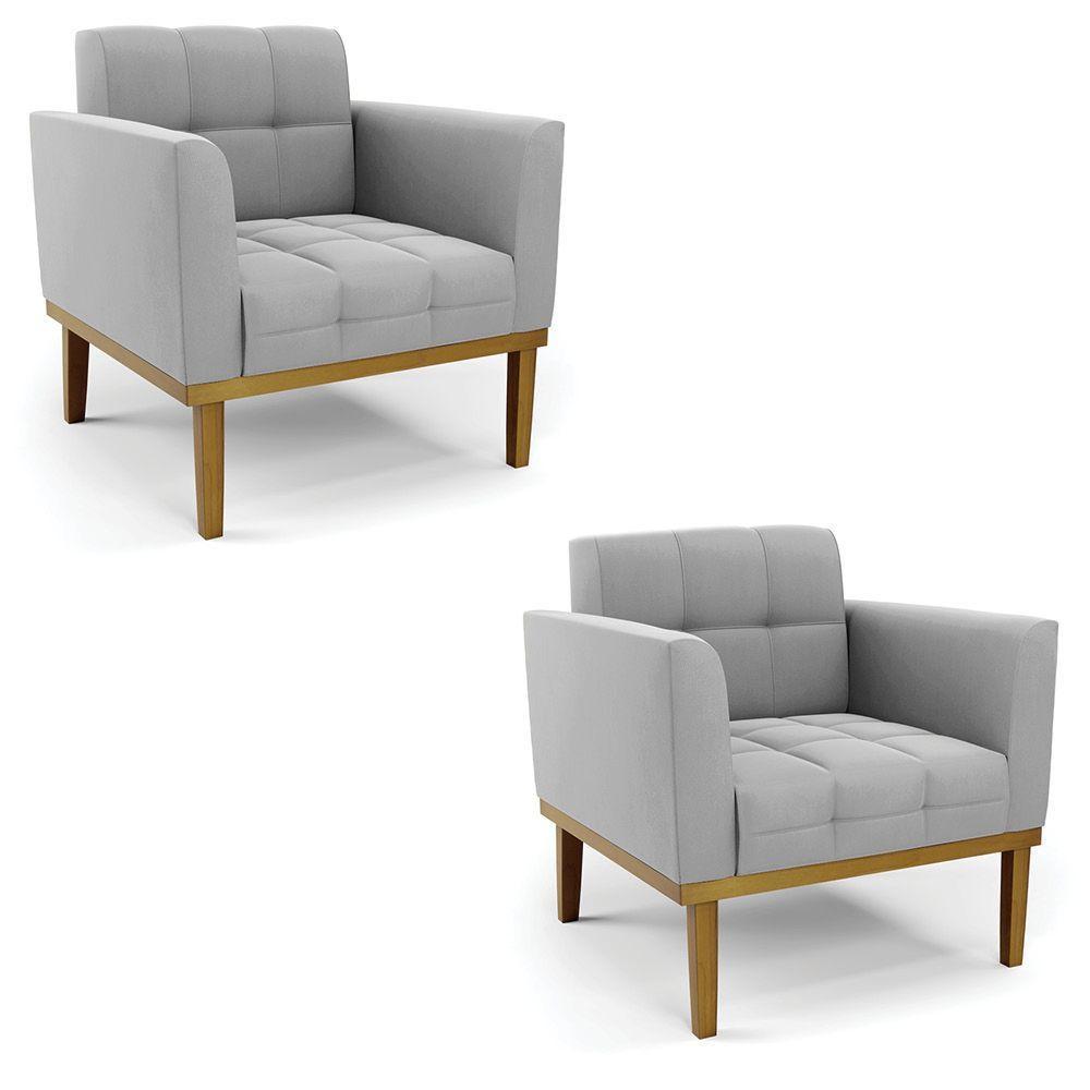 Poltrona Base De Madeira Fixa Castanho Kit 2 Elisa Suede D03 - D\'rossi Cor Cinza - 1