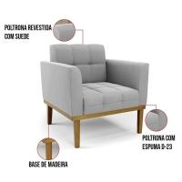Poltrona Base De Madeira Fixa Castanho Kit 2 Elisa Suede D03 - D\'rossi Cor Cinza