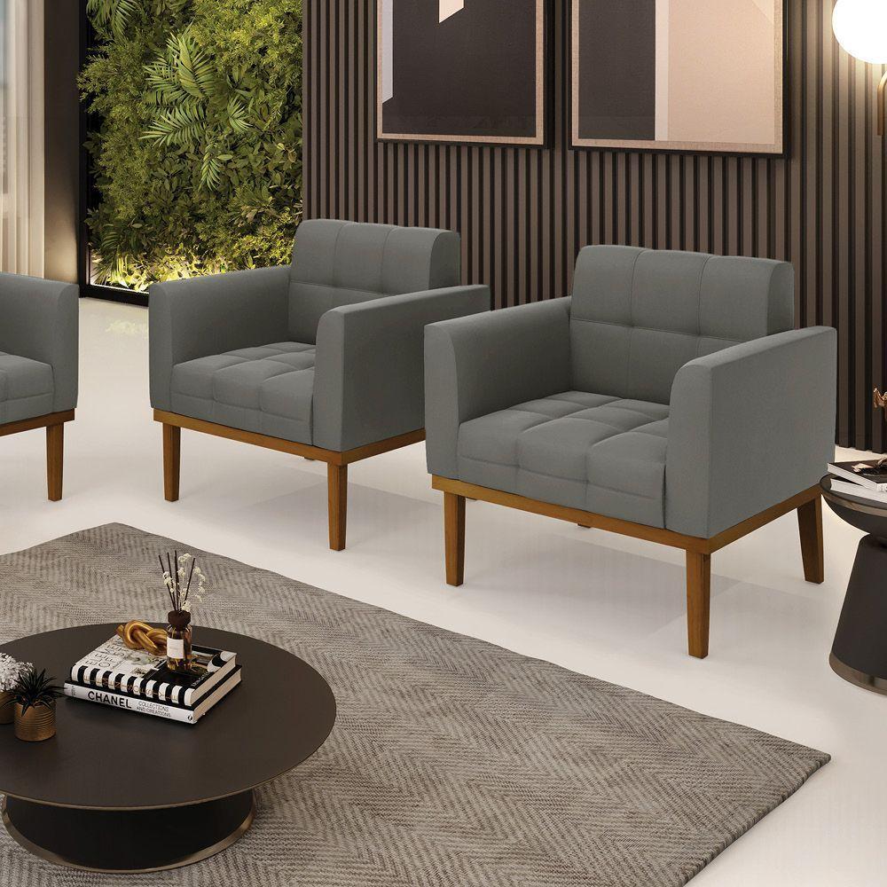 Poltrona Base De Madeira Fixa Castanho Kit 2 Elisa Suede D03 - D\'rossi Cor Grafite - 2